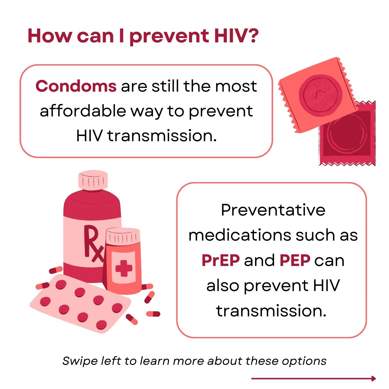 white background with two text boxes and images of pink condoms in wrapper and prescription bottles and pills. The text boxes read "How can I prevent HIV? Condoms are still the most affordable way to prevent HIV transmission" and "Preventative medications such as PrEP and PEP can also prevent HIV transmission" 